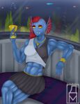  absurd_res animal_humanoid anthro blue_body breasts clothing daxmarko deltarune european_mythology female fish fish_humanoid greek_mythology hair hi_res humanoid marine marine_humanoid muscular muscular_female mythology red_eyes red_hair signature smile solo teeth text undertale undertale_(series) undyne video_games yellow_sclera 