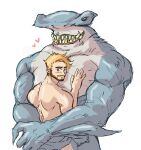  &lt;3 absurd_res anthro anthro_dominating_human back_muscles big_dom_small_sub big_muscles big_pecs blonde_hair blue_body dc_comics dominant dominant_anthro duo embrace fish flute_man grin ground_shark hair hammerhead_shark hand_on_pecs hi_res holding_partner hug human human_on_anthro interspecies john_constantine king_shark larger_anthro male male/male mammal marine muscular muscular_anthro muscular_male nude pecs romantic romantic_couple shark size_difference smaller_human smile submissive submissive_human teeth 