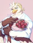  accipitrid accipitriform anthro avian beak bird blonde_hair blush bouquet eagle feathers flower fuyoudo624 hair lifewonders male pink_background plant rose_(flower) simple_background solo thunderbird_(tas) tokyo_afterschool_summoners video_games white_body white_feathers 