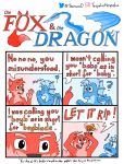  ! &lt;3 2021 5_fingers ? absurd_res anthro beyblade blue_hair blush canid canine cole_(fox_and_dragon) comic dialogue dragon duo emoticon english_text eyes_closed fingers fox frill_(anatomy) fur hair heart_reaction hi_res highlighted_text horn humor male mammal membrane_(anatomy) membranous_frill membranous_wings open_mouth owo red_body red_fur speech_bubble tedry_(fox_and_dragon) text thessus_(artist) wings 