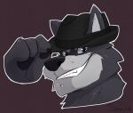  adastra adastra_(series) amicus_(adastra) anthro black_nose blue_eyes canid canine canis clothing echo_project facial_piercing fedora fur hat headgear headwear hi_res labret_piercing lip_piercing looking_at_viewer male mammal meme piercing sabrewulf smile solo video_games visual_novel wolf 