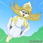  1:1 anthro black_nose blonde_hair blue_eyes canid canine clothing dipstick_tail dress female fox fuf fur hair happy hi_res mammal markings open_mouth outside polymorph solo swingset tail_markings text url yellow_body yellow_fur young 