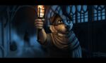  5:3 anthro black_bars canid canine canis clothed clothing detailed_background digital_media_(artwork) domestic_dog dungeon fantasy fingers fire fur hair hi_res holding_object jakeseeker letterbox male mammal medieval_clothing night solo standing topwear torch 