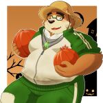  1:1 2021 anthro belly bottomwear brown_body brown_fur clothing eyewear food fruit fur glasses hat headgear headwear hi_res humanoid_hands kemono lifewonders male mammal one_eye_closed overweight overweight_male pants plant pumpkin solo straw_hat tokyo_afterschool_summoners ursid video_games volos wink yaki_atsuage 