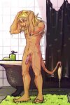  anthro armpit_hair balls bathroom body_hair digital_media_(artwork) felid feline fur genitals half-erect lion lirkov male mammal nude open_mouth pantherine penis scar solo towel towel_on_head water wet 