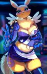  absolute_territory anthro armwear backpack bandai_namco belly black_sclera blue_body blue_eyes blue_fur bottomwear breast_squish breasts butt_fang canid cleavage clothed clothing crop_top digimon digimon_(species) digital_media_(artwork) female fingerless_gloves fur gloves handwear legwear looking_at_viewer lucario mammal midriff multicolored_body multicolored_fur navel neck_tuft nintendo plushie pok&eacute;mon pok&eacute;mon_(species) pose red_eyes renamon shaded shirt skeleion skirt smile solo squish thigh_highs thigh_squish topwear toy tuft video_games yellow_body yellow_fur 