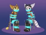  4:3 anthro bdsm bondage bound chair chair_bondage duo ear_piercing ear_ring eyewear eyewear_on_head female furniture gag goggles goggles_on_head hi_res lombax male mammal nivek15 piercing ratchet ratchet_and_clank rivet_(ratchet_and_clank) sony_corporation sony_interactive_entertainment tape tape_bondage tape_gag video_games wiggle 