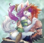  anthro big_breasts breasts butt duo faceless_character faceless_male female hair hi_res horn human ibm kissing male mammal mana_(series) muscular muscular_male on_lap purple_hair red_hair sierra_(mana) sitting_on_lap square_enix video_games 