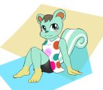  2016 8:7 animal_crossing anthro barefoot blush bottomwear brown_hair clothing digital_media_(artwork) feet female green_body green_eyes hair looking_up mammal mint_(animal_crossing) nintendo rodent sciurid sewlde shorts simple_background sitting smile solo tree_squirrel video_games 