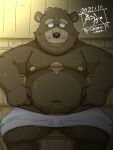  2021 3:4 absurd_res anthro balls belly black_nose blush bodily_fluids brown_body flaccid genitals hi_res humanoid_hands inside kemono male mammal moobs navel nipples overweight overweight_male penis sitting solo sweat tanutronik753_k towel ursid 