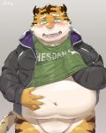  4:5 anthro belly big_belly blush bottomless clothed clothing felid fur hi_res kemono male mammal moobs mostly_nude navel nikiciy overweight overweight_male pantherine simple_background solo tiger yellow_body yellow_fur 