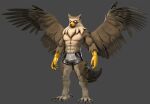  2021 3d_(artwork) 5_fingers abs anthro avian beak black_beak black_tail bulge digital_media_(artwork) feathered_wings feathers fingers full-length_portrait grey_background letterbox looking_forward male multicolored_body multicolored_feathers muscular muscular_anthro muscular_male pecs petruz portrait scuted_arms simple_background spread_wings standing talons two_tone_beak wings yellow_beak yellow_eyes yellow_scutes 