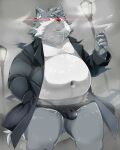  4:5 anthro beard belly big_belly bottomless bottomwear canid canine canis cigarette clothed clothing coat facial_hair fog fur grey_body grey_fur hi_res kemono male mammal moobs mostly_nude navel nikiciy nipples overweight overweight_male pubes red_eyes solo street_lamp topwear underwear wolf 