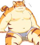  2021 anthro belly blush bulge clothing felid japanese_text kemono male mammal meg_hoi moobs mouse_cursor navel nipples overweight overweight_male pantherine pink_nose simple_background sitting solo text tiger underwear white_background 