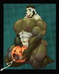  anthro beard big_pecs black_hair bodily_fluids cum ejaculation facial_hair food fruit genital_fluids genitals hair halloween hi_res holidays hunnipanda improvised_sex_toy jack-n&#039;-lantern jack-o&#039;-lantern male mammal muscular muscular_anthro muscular_male nipple_piercing nipples nude pecs penis piercing plant pumpkin solo teeth thick_thighs tongue tongue_out ursid 