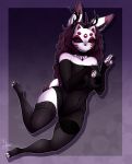  annezly anthro big_breasts black_clothing breasts clothing eve_(annezly) female floating fur hair hi_res horn jackalope lagomorph legwear leporid levitation mammal mask nipple_tape nipples pasties rabbit solo stockings tape translucent translucent_clothing white_body white_fur 