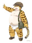  3:4 anthro bag belly big_belly clothed clothing felid fur hat headgear headwear hi_res kemono male mammal moobs navel nikiciy nipples overweight overweight_male pantherine simple_background solo tiger underwear underwear_only yellow_body yellow_fur 