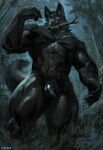  2021 abs anthro balls black_body black_fur canid canine canis casual_nudity chunie claws detailed_background digital_media_(artwork) fangs fingers flaccid foreskin forest fur genitals hi_res humanoid_genitalia humanoid_penis looking_at_viewer low-angle_view male mammal muscular muscular_male muscular_thighs navel night nipples nude outside partially_retracted_foreskin penis plant playing_fetch pubes smile solo standing stick thick_thighs tree were werecanid werecanine werewolf wolf 