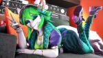  16:9 2021 3d_(artwork) anthro clothed clothing digital_media_(artwork) domestic_cat felid feline felis female fur green_hair hair hi_res humanoid looking_at_viewer lying mammal paladins saimon salt_(paladins) smile solo source_filmmaker video_games white_body white_fur widescreen 