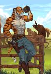  2020 abs absurd_res anthro beverage boots bottomwear canteen clothed clothing cowboy cowboy_boots denim denim_clothing equid equine felid feral footwear gun handgun hi_res holster holstered_pistol horse jeans liquid male mammal outside pantherine pants ranch ranged_weapon revolver ryukiro solo standing stripes tiger topless weapon 