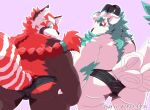  2021 agyou ailurid anthro asian_mythology brown_body bulge butt clothing duo east_asian_mythology foo_dog japanese_mythology kemono komainu lifewonders male mammal mythology overweight overweight_male red_body red_panda tokyo_afterschool_summoners underwear video_games white_body young yukino_kouta yōkai zhurong_(tas) 