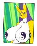  2021 alpha_channel anthro bandai_namco big_breasts biped black_sclera blue_eyes breasts clothing dakkpasserida digimon digimon_(species) female hat hat_only headgear headgear_only headwear headwear_only huge_breasts mostly_nude pasties signature solo taomon white_body yellow_body yin_yang 