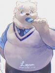  2021 3:4 anthro blue_eyes bottomwear clothing eating food fur hi_res humanoid_hands kemono lagoon_bluebear male mammal necktie overweight overweight_male pants popsicle shirt solo sweater sweater_vest topwear ursid vest white_body white_fur 