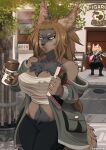  2019 5_fingers anthro artist_name background_character beverage biped blue_eyes book brown_body brown_fur brown_hair canid canine chest_tuft clothed clothing coffee coffee_cup container cup detailed_background duo ear_piercing english_text female fingers fox fully_clothed fur hair hi_res holding_book holding_cup holding_object kazumi_(kitonkurai) looking_at_own_breasts looking_at_self lovepuma69 mammal navel nipple_outline outside piercing public solo_focus spitting_drink standing steam text tuft wrinkled_nose 