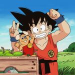 1:1 2021 anthro apple biped black_belt bobo_(gamba_no_bouken) brown_body clothed clothing cloud detailed_background dragon_ball field flexing_bicep food fruit gamba_no_bouken gamba_no_bouken_(series) ganba gesture goku grass group hey_its_lollie hi_res human humanoid_hands keikogi looking_at_viewer male mammal martial_arts_uniform mouse murid murine on_model orange_clothing outside plant pose rodent smile sportswear v_sign wristband 