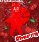  absurd_res ailurid anthro big_tail cherry dessert detailed_background english_text female food food_creature fruit gelatin hi_res humanoid jell-o jelly_(food) josh_the_ultra_dimensional_being mammal nipples nude plant red_body red_eyes red_panda solo text translucent 