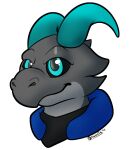  2019 alpha_channel anthro black_sclera blue_eyes clothed clothing conditional_dnp grey_body horn itsdraconix kobold male portrait reptile scalie scar side_b simple_background solo transparent_background 