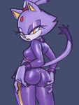  3:4 anthro blaze_the_cat breasts butt clothed clothing domestic_cat dry3sman felid feline felis female hand_on_butt hi_res looking_at_viewer mammal open_mouth rear_view sega simple_background small_breasts solo sonic_the_hedgehog_(series) 