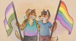  2020 anthro blush canid canine clothing duo eyes_closed felid flag fox gabe_(mytigertail) genderqueer_pride_colors hi_res lgbt_pride male mammal mytigertail painting_(artwork) pantherine pride_colors rainbow_flag rainbow_pride_flag rainbow_symbol smile tiger traditional_media_(artwork) 