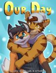  2020 anthro canid canine clothing cover cover_art cover_page duo embrace english_text felid fox gabe_(mytigertail) hug hugging_from_behind looking_at_viewer male mammal mytigertail pantherine smile text tiger 