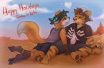  2019 anthro canid canine clothing duo english_text felid fox gabe_(mytigertail) male mammal mytigertail outside pantherine sitting text tiger 