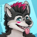  1:1 2020 anthro blue_eyes canid canine canis male mammal mytigertail patreon patreon_link patreon_logo smile solo tongue tongue_out wolf 
