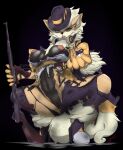  anthro arcanine breasts canid canine clothed clothing female fur genitals ggrimmfield gun hi_res holding_object holding_weapon mammal nintendo nipples pok&eacute;mon pok&eacute;mon_(species) pussy ranged_weapon solo submachine_gun thompson_gun video_games weapon 