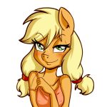  1:1 2021 absurd_res alpha_channel anibaruthecat anthro applejack_(mlp) blonde_hair blush equid equine eyebrows eyelashes female fingers friendship_is_magic fur green_eyes hair hasbro hi_res looking_at_viewer mammal my_little_pony nipple_outline orange_body orange_fur simple_background smile solo transparent_background 