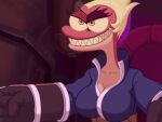  2020 amphibia_(series) amphibian ankama anthro breasts cleavage clothed clothing cosplay disney female frida_mofette general_yunan grin newt q_donut red_body red_skin salamander_(amphibian) sharp_teeth smile solo teeth video_games wakfu 