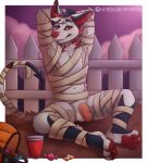  2019 anthro armpit_hair balls bandage blush body_hair candy dessert fence food foreskin genitals looking_at_viewer male mytigertail patreon patreon_link patreon_logo penis red_eyes sitting species_request 