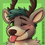  1:1 2019 anthro cervid green_background green_eyes male mammal mytigertail one_eye_closed patreon patreon_link patreon_logo simple_background solo tongue tongue_out wink 