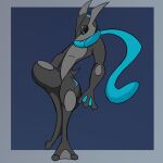  1:1 amphibian anthro azurebird black_sclera blue_background blue_eyes digitigrade featureless_crotch frog greninja grey_body grey_skin hi_res long_tongue looking_down male ninja nintendo nude on_one_leg pok&eacute;mon pok&eacute;mon_(species) scar shiny_pok&eacute;mon side_b side_beta_(greninja) simple_background solo standing tongue tongue_out video_games warrior 