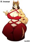  2018 absurd_res anthro artist_name big_breasts blue_eyes breasts brown_hair canid canine canis cleavage clothed clothing curvy_figure digital_media_(artwork) domestic_dog dress eyelashes female finger_gun fingers fur gesture hair hi_res hourglass_figure huge_breasts inner_ear_fluff june_(jinu) lips looking_at_viewer mammal mature_anthro mature_female multicolored_body multicolored_fur navel one_eye_closed shiba_inu short_hair simple_background smile solo spitz standing superix tan_body tan_fur teeth thick_thighs tuft two_tone_body two_tone_fur voluptuous white_background wide_hips wink winking_at_viewer 