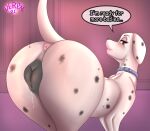  101_dalmatians 2021 8:7 absurd_res anatomically_correct anatomically_correct_genitalia anatomically_correct_pussy animal_genitalia animal_pussy anus bedroom_eyes big_butt blush bodily_fluids butt butt_focus canid canine canine_pussy canis collar dalmatian derpx1 dialogue disney domestic_dog english_text female feral fur genital_fluids genitals hi_res impregnation_request in_heat looking_at_viewer looking_back mammal multicolored_body multicolored_fur narrowed_eyes perdita purple_background pussy pussy_juice seductive simple_background solo speech_bubble spots text two_tone_body two_tone_fur white_body wide_hips 