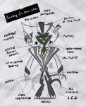  anatomy_of asmodeus_(helluva_boss) boots chest_tuft clothed clothing demon duo empty_eyes english_text feathers fizzarolli_(helluva_boss) footwear front_view hat headgear headwear helluva_boss hi_res high_heeled_boots high_heels humor imp jester localhablex male signature simple_background standing text top_hat tuft white_background 