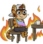  2020 alpha_channel anthro chair clothing container cup felid fire furniture gabe_(mytigertail) hat headgear headwear hi_res male mammal meme mytigertail pantherine signature sitting smile solo table tiger 