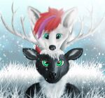  anthro antlers arctic_fox black-buck_(artist) black-buck_(character) black_body black_fur canid canine cervid duo female fluffy fox fur hair horn male male/female mammal realistic_fur red_hair snow snowflake_(character) white_body white_fur winter 