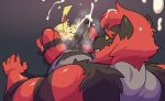  anthro balls big_butt big_dom_small_sub big_penis blush bodily_fluids butt cum cum_on_face dominant duo ero_(character) eroborus fellatio genital_fluids genitals humanoid_genitalia humanoid_penis ignus_(shootysylveon) incineroar licking male male/male muscular muscular_male musk nintendo oral penile penis penis_lick pikachu pok&eacute;mon pok&eacute;mon_(species) sex size_difference tongue tongue_out video_games 