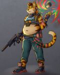  2020 anthro belly chubby_male felid gabe_(mytigertail) gun male mammal mytigertail navel pantherine ranged_weapon solo standing tiger weapon 