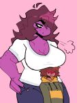  3:4 ambiguous_gender anthro big_breasts blush boob_hat breast_rest breasts brown_hair cleavage clothed clothing deltarune duo female freckles gingeraledude hair hair_over_eye hair_over_eyes hi_res huge_breasts human kris_(deltarune) mammal messy_hair muscular muscular_arms muscular_female non-mammal_breasts one_eye_obstructed purple_body reptile scalie size_difference susie_(deltarune) undertale_(series) video_games 